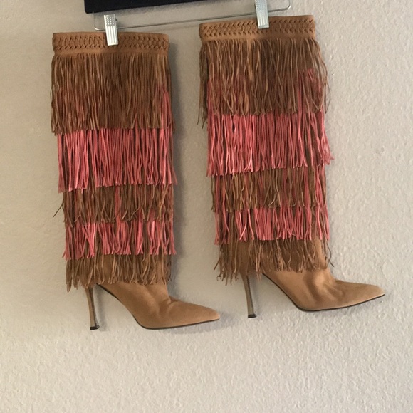 Brian Atwood Pink Brown Tiered Fringed Suede Boots Italy 40 - Picture 2 of 7